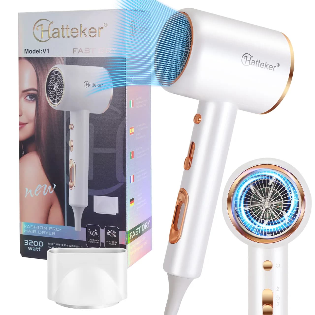 Hatteker 3200W Portable Hair Dryer 3 Temperature Settings Home Use Hotel Salon Professional Electric Hair Dryer for Travel