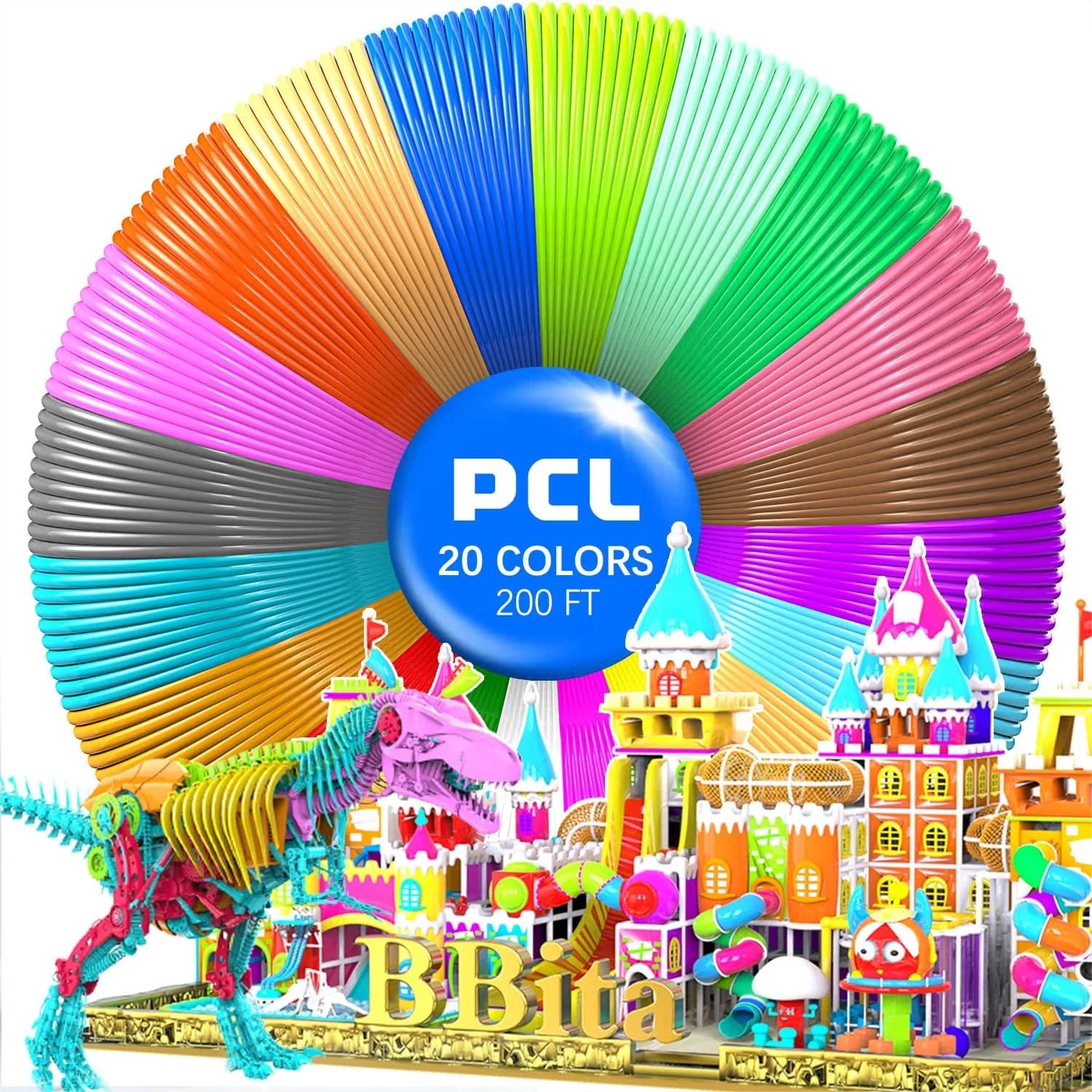 Ricariche di Filamento PCL per Penna 3D, 1.75mm, 20 Colori, 200FT, Bassa Temperatura 70°C ° C, Non Tossico, Senza Intasamenti