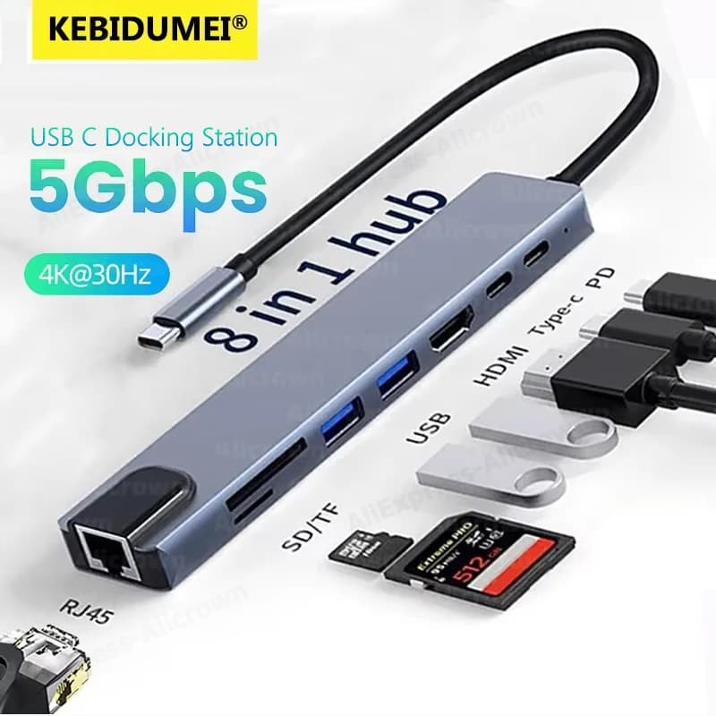 Docking station USB C HUB 4K30Hz Splitter USB 3.0 8-IN-1 da tipo C a lettore di schede SD/TF RJ45 per computer portatile MacBook Notebook