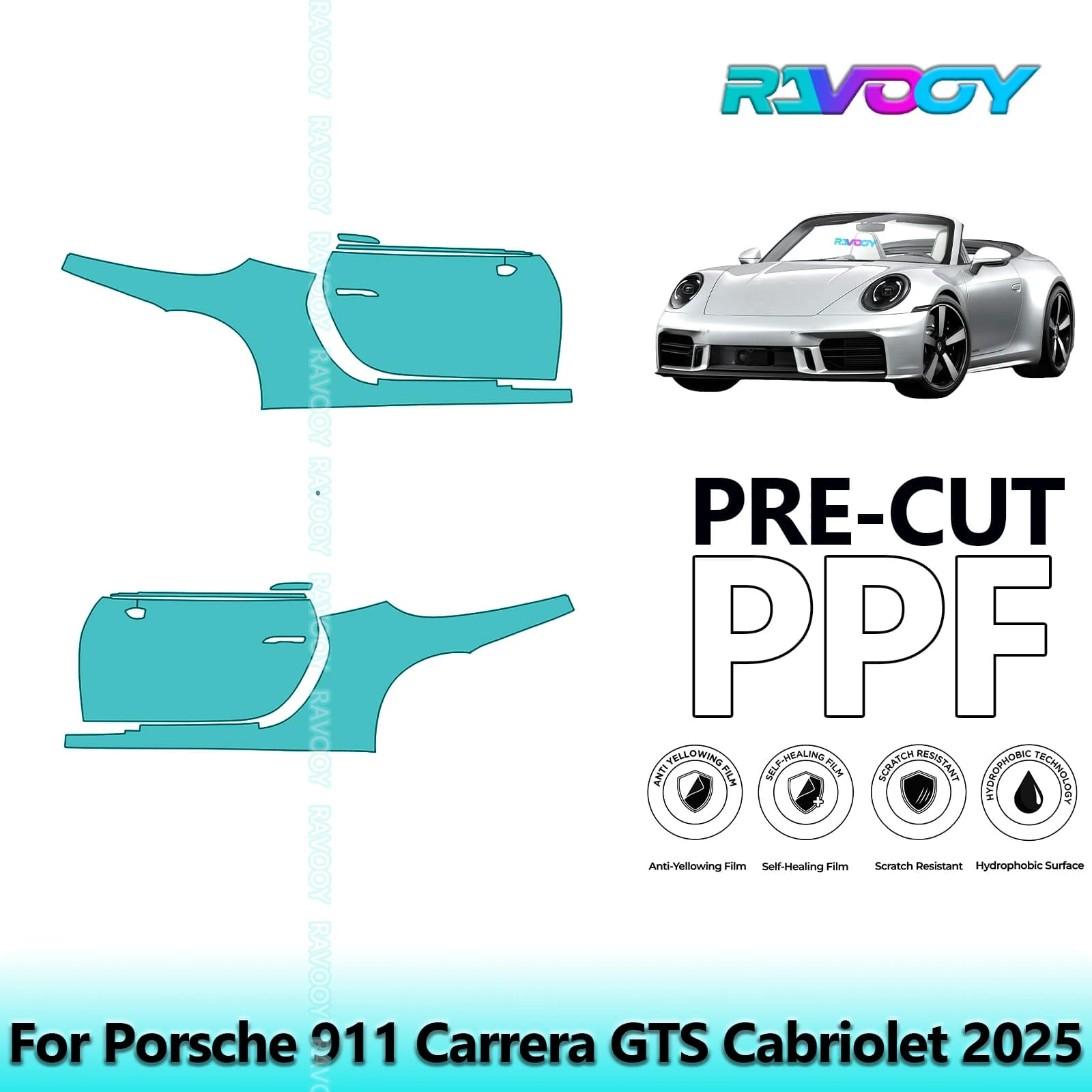 For Porsche 911 Carrera GTS Cabriolet 2025 8.5mil Transparent Pre-Cut PPF Door and Pillar A/B Kit TPU Paint Protection Film Set