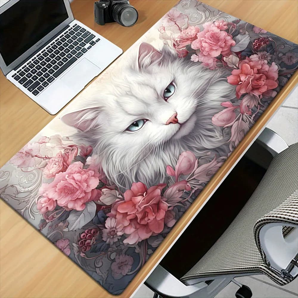 Tappetino per mouse da gioco e tappetino da scrivania con gatti e fiori in acquerello, compatibile con PC, laptop, ufficio e computer - Base in gomma antiscivolo