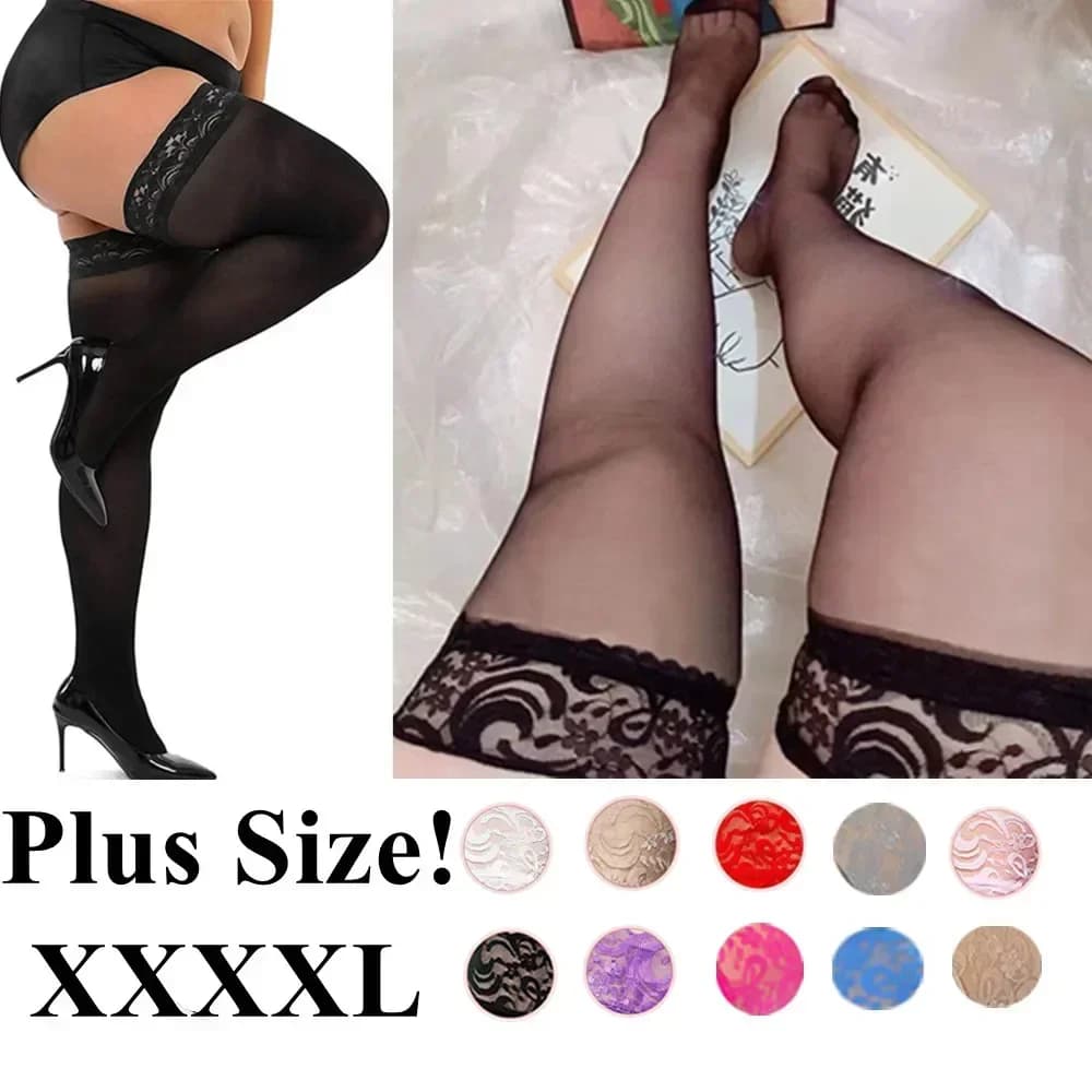 Lace Top Knee Thigh High Stockings Anti-skid Plus Large Size Elastic Sexy XXL Black Stocking for Oversized Women 3XL 4XL 5xl 6xl