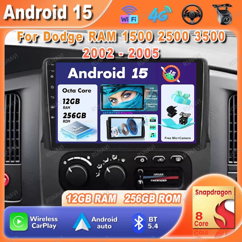 Autoradio Android 15 Per Dodge RAM 1500 2500 3500 2002 - 2005 Navigazione Multimediale GPS 5G WIFI Stereo Qualcomm DVD 4G LTE DSP