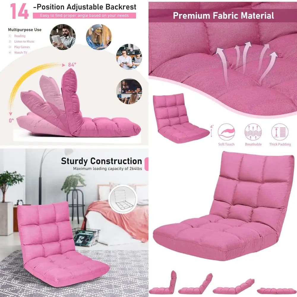 Sedia da Gaming Ergonomica Rosa con Spugna Resiliente, Telaio in Acciaio, Divano Reclinabile Imbottito per Supporto Lombare e Lettura/Meditazione