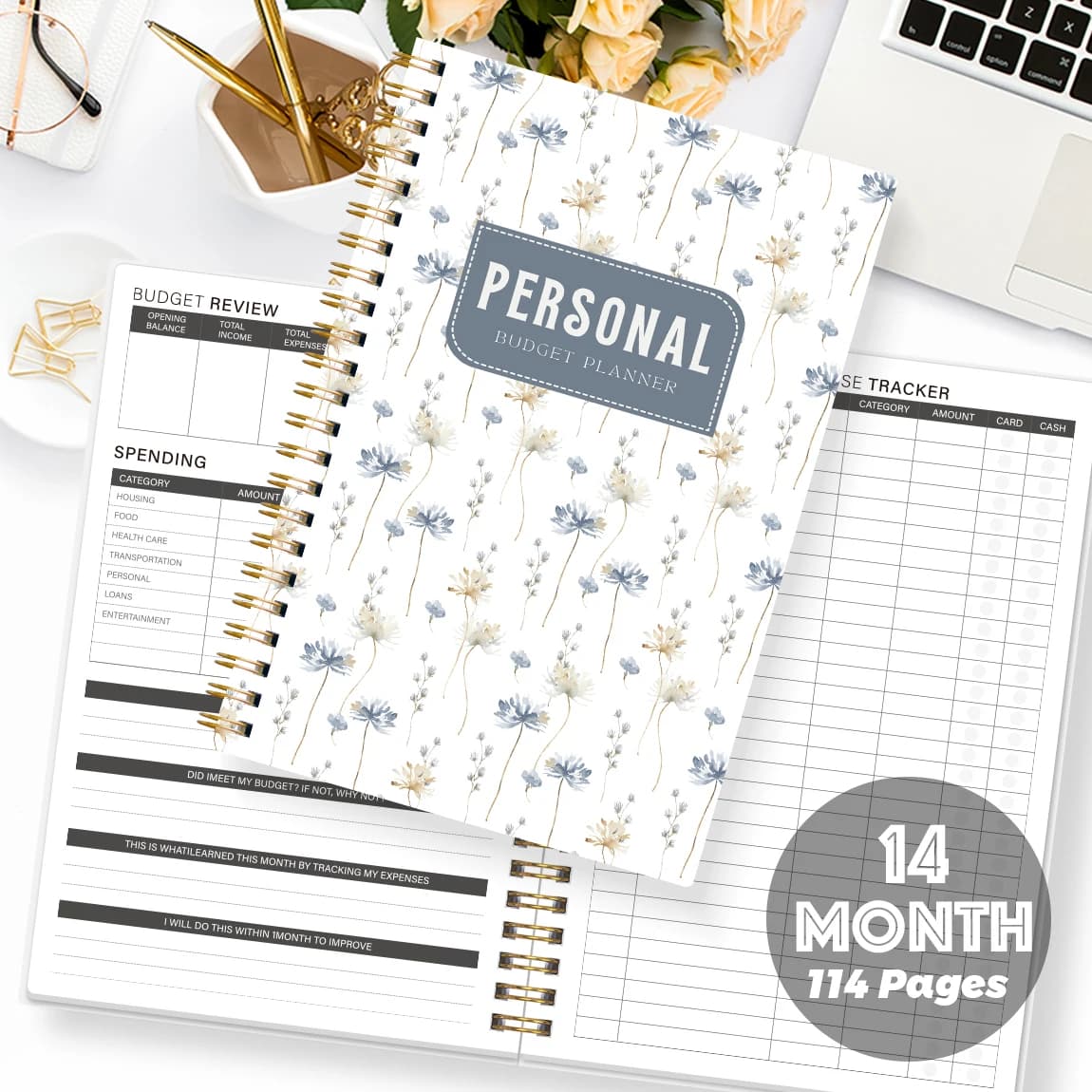 Agenda Personale A5 con Motivi Floreali, Organizzatore di Spese a Spirale, Planner Finanziario Mensile, Quaderno Contabile