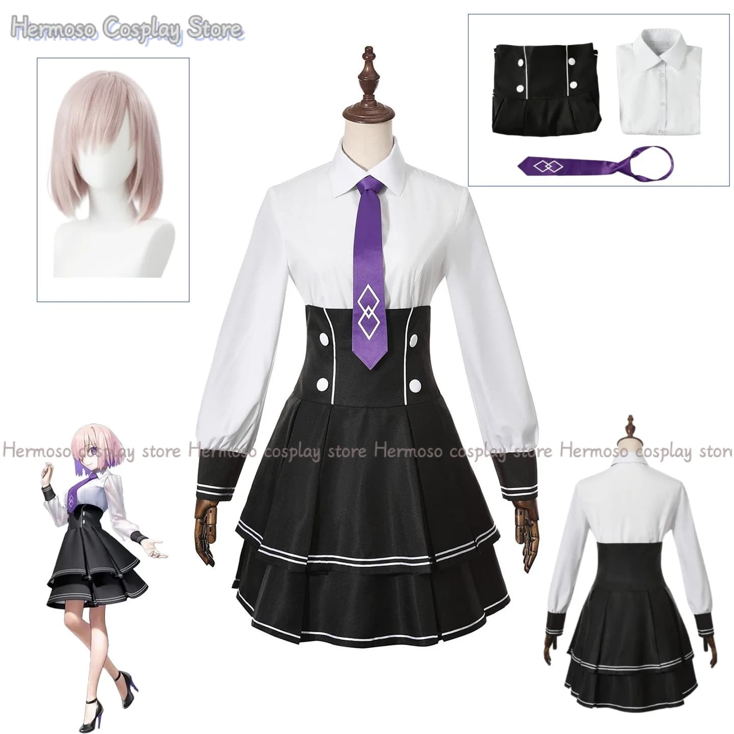 Costume Cosplay Fate Frand Order Mash Kyrielight, Parrucca, Uniforme JK 10° Anniversario, Camicia, Gonna, Parrucca Sexy da Donna per Carnevale
