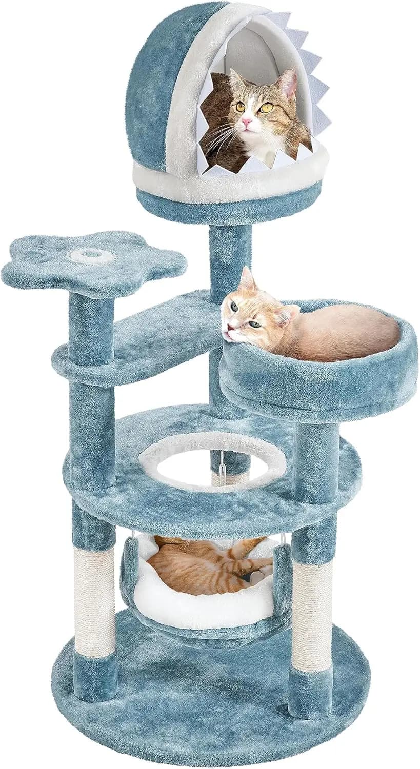 Albero per Gatti a Tema Oceano da 115 cm con Nido a Forma di Squalo, Posatoio a Stella e Amaca a Medusa per Gatti da Interno