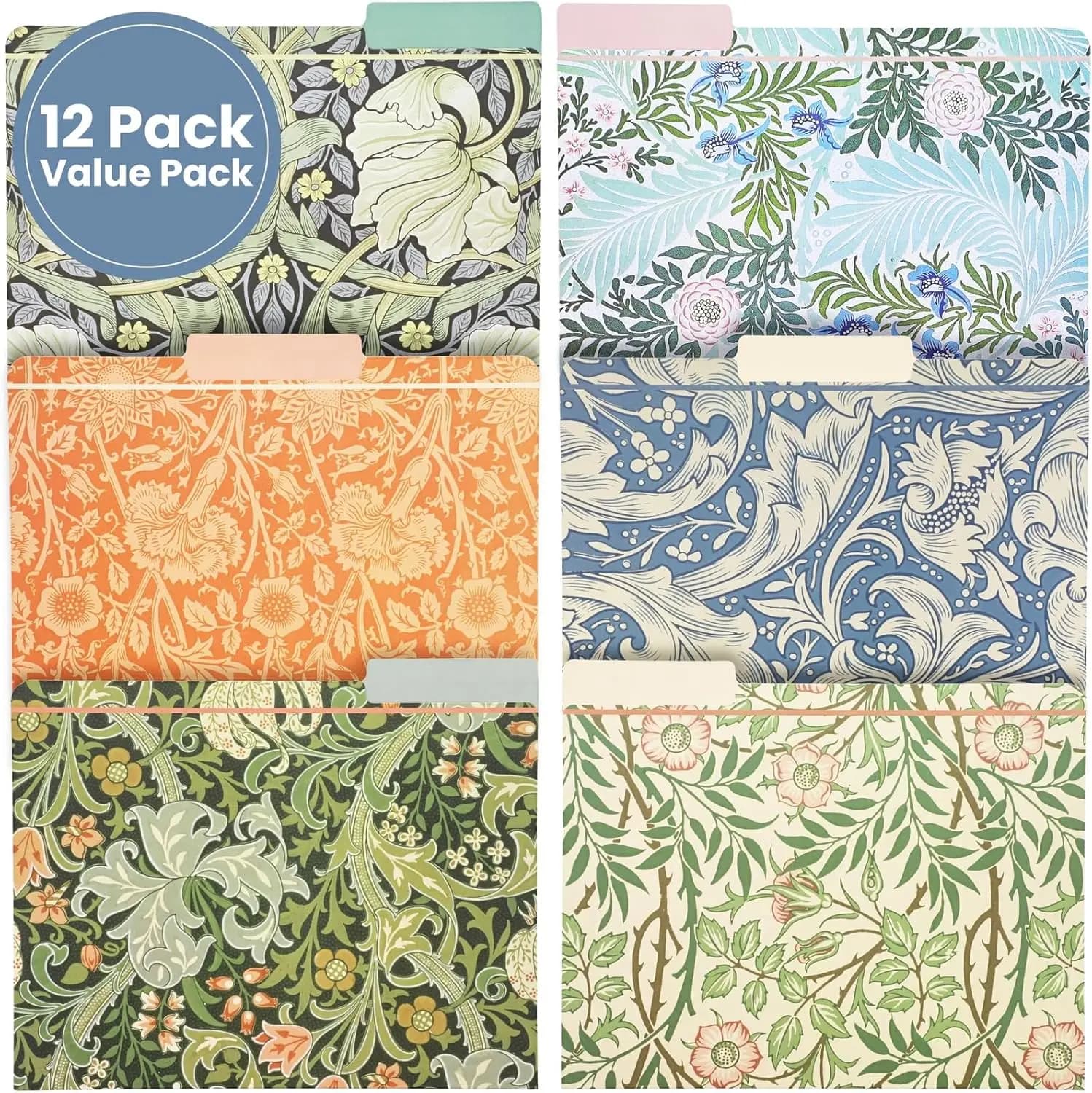 Confezione da 12 Cartelle Portadocumenti William Morris con Motivi Floreali, Decorative con Linguetta a 1/3, Formato Letter, per Casa e Ufficio in 6 Design Fantasia
