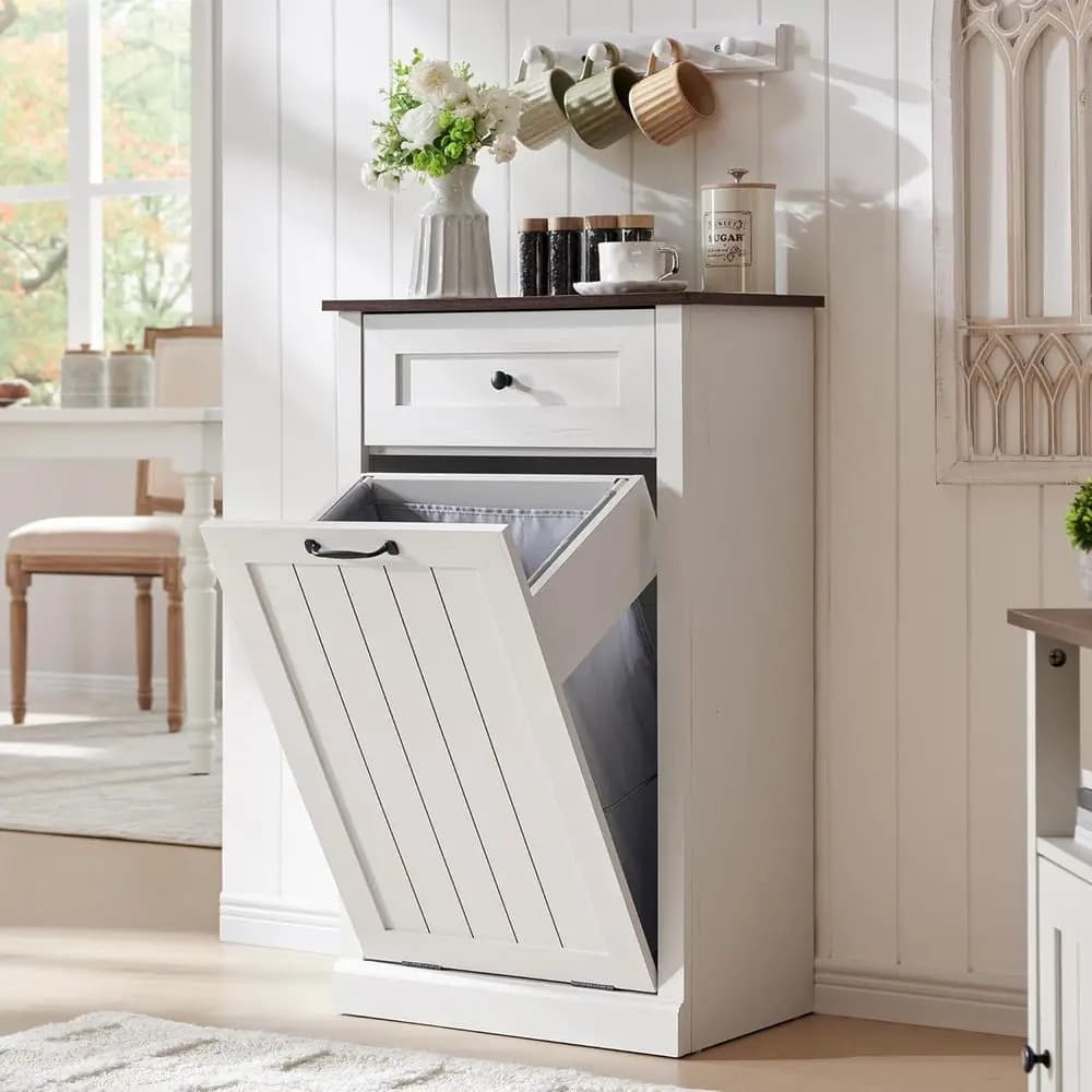 Mobiletto porta bidone della spazzatura, mobiletto porta cesto biancheria da 10 galloni con cassetto, bidone della spazzatura in legno nascosto con cesto portaoggetti
