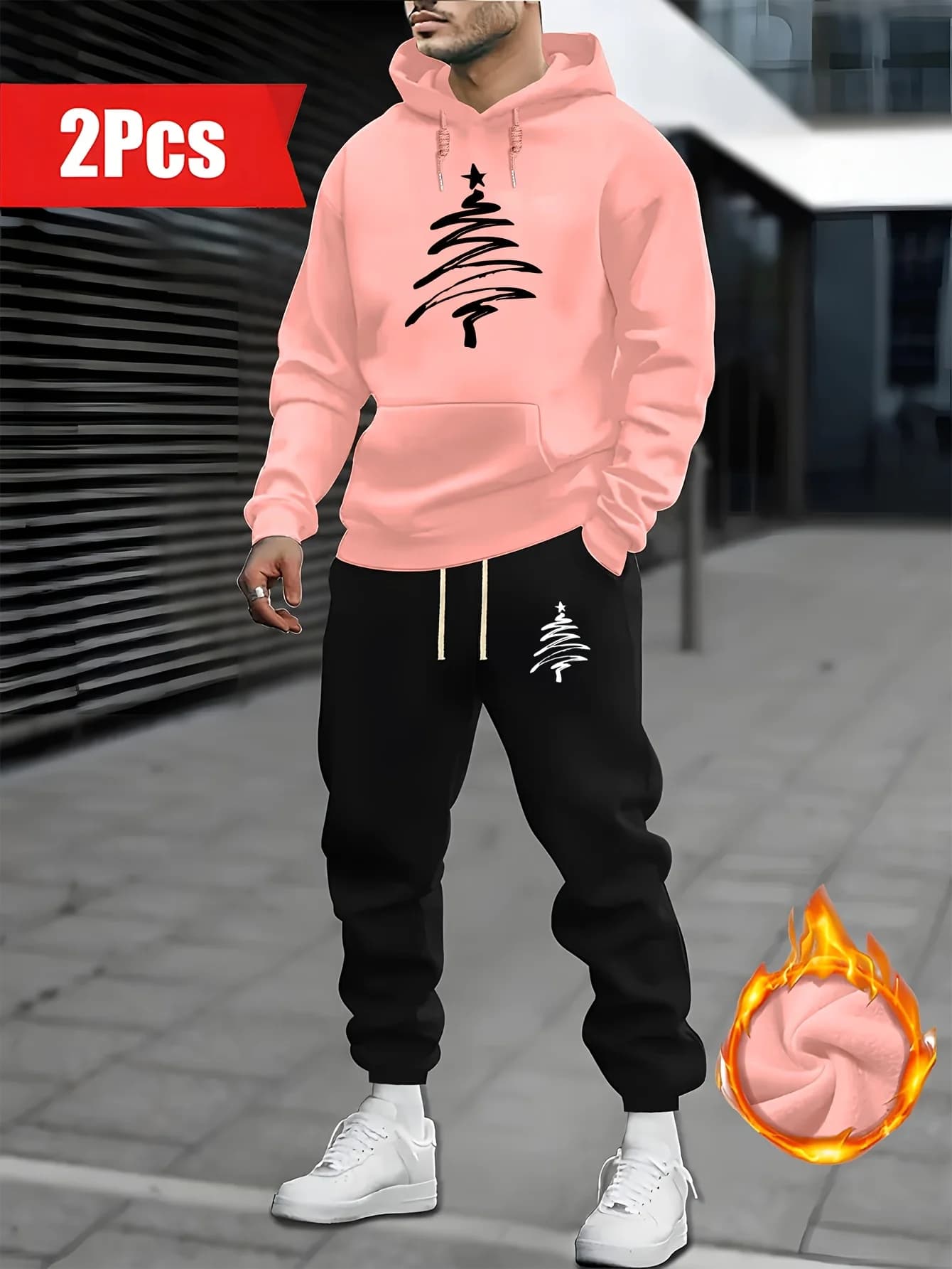 2026 Men 2Pcs Fleece Tracksuit Minimalist Christmas Tree Print Hoodie Jogger Pants Warm Winter Casual Sportswear Set