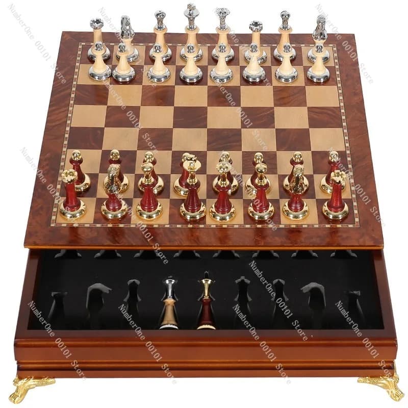 Set di Scacchi Internazionale di Lusso in Metallo e Legno Massello, Scacchiera Decorativa con Contenitore per Scrivania