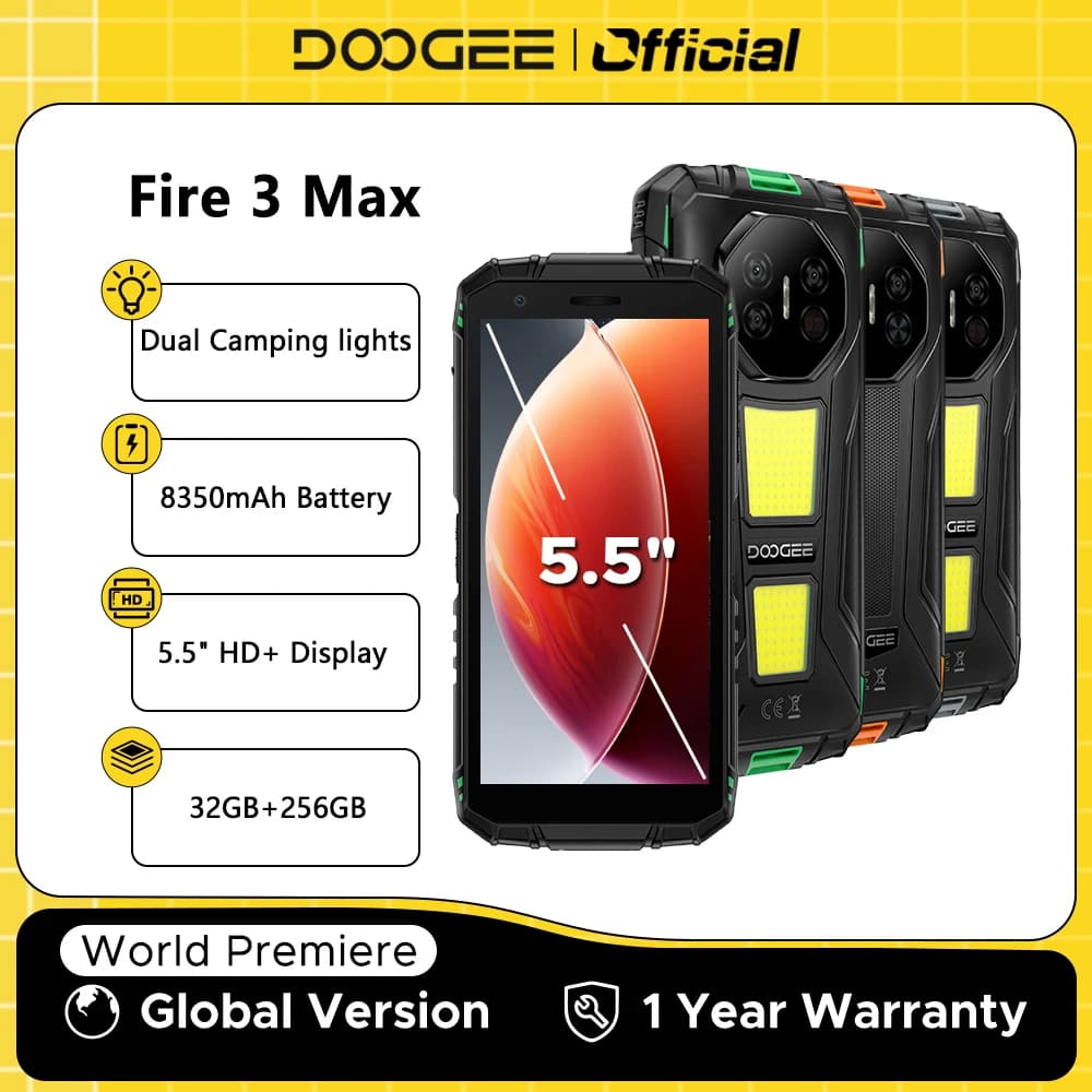 Versione globale DOOGEE Fire 3 Max Telefono robusto 5.5 "HD + Display Luci da campeggio 32GB 256GB 8350mAh UNISOC T7250 48MP NFC Android15