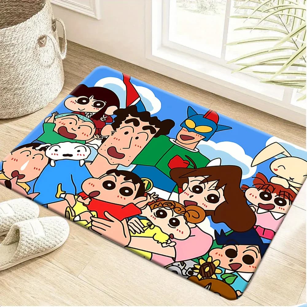 Non-slip bath mat with print of group photos of the family and friends of Crayon Shin-chan, decorative carpet with cute anime characters, water absorbent