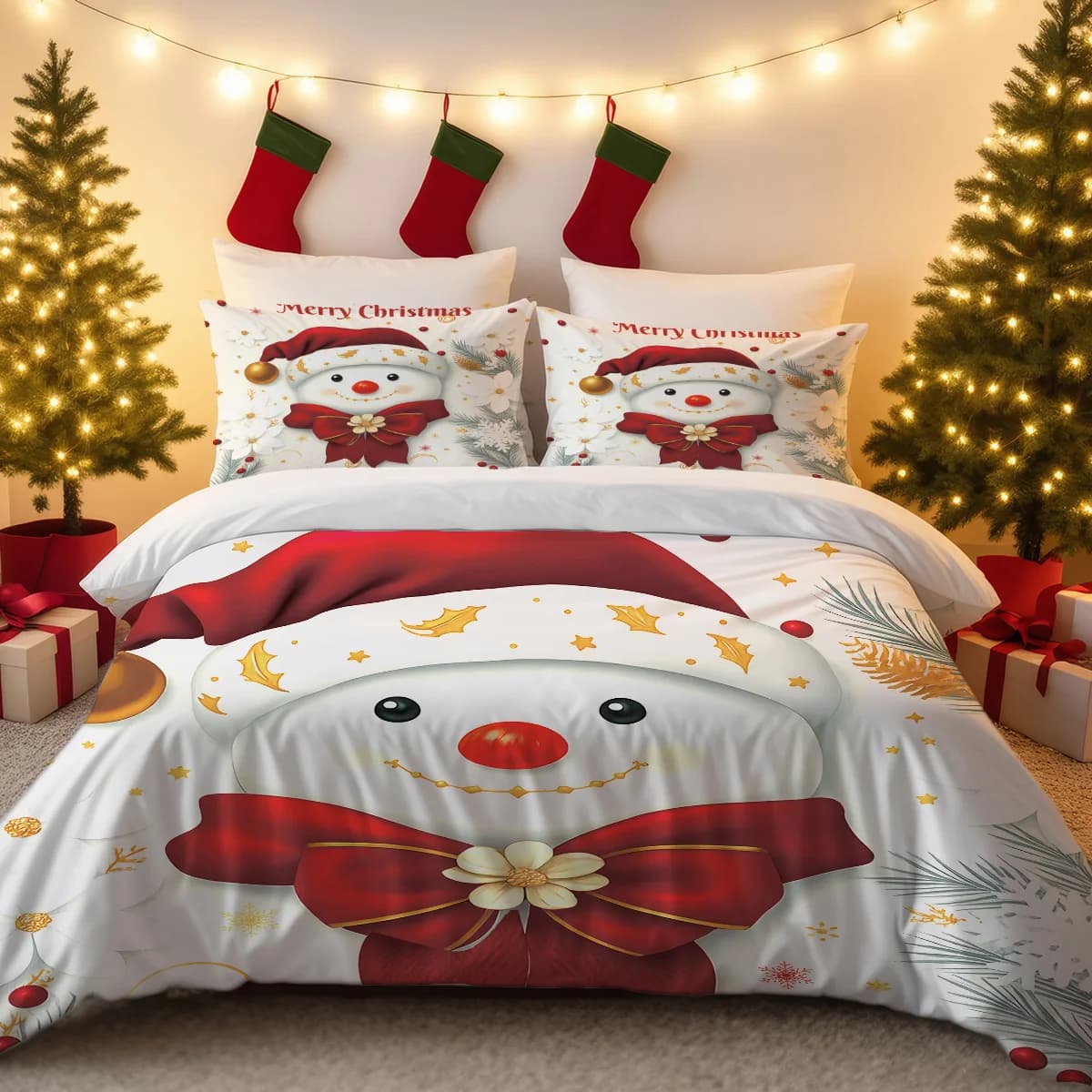 Set di biancheria da letto stampato con pupazzo di neve di Natale da 3 pezzi Coreless morbido e confortevole dimensioni multiple lavabile in lavatrice 1 copripiumino 2 federe