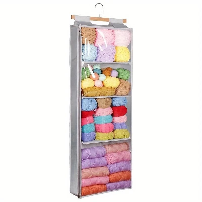 Organizzatore per Filati Tutto-in-Uno da Appendere con 4 Tasche Trasparenti e Gancio per Porta - Porta Uncinetti e Ferri da Maglia