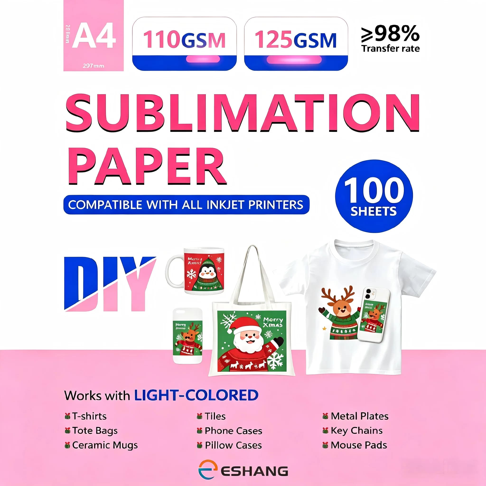 100 Sheets A4 Sublimation Paper 110/125gsm for Inkjet Printer Heat Transfer Paper Works with Sublimation Ink 8.3x11.7 Inch