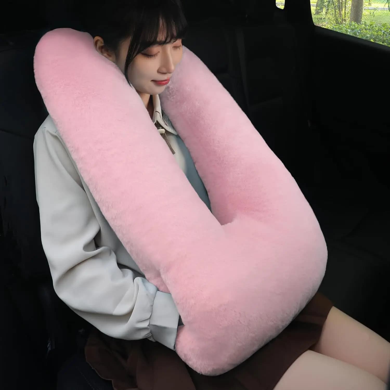 Cuscino da Viaggio con Supporto per Mani per Sedile Auto, Supporto per Collo e Poggiatesta per Viaggi a Lunga Distanza, Rosa