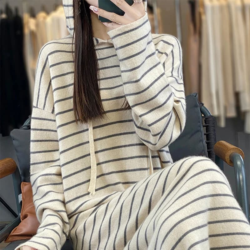 Abito lavorato a maglia in pura lana autunno/inverno Gonna maglione ampia coperta a righe lunghe a contrasto da donna
