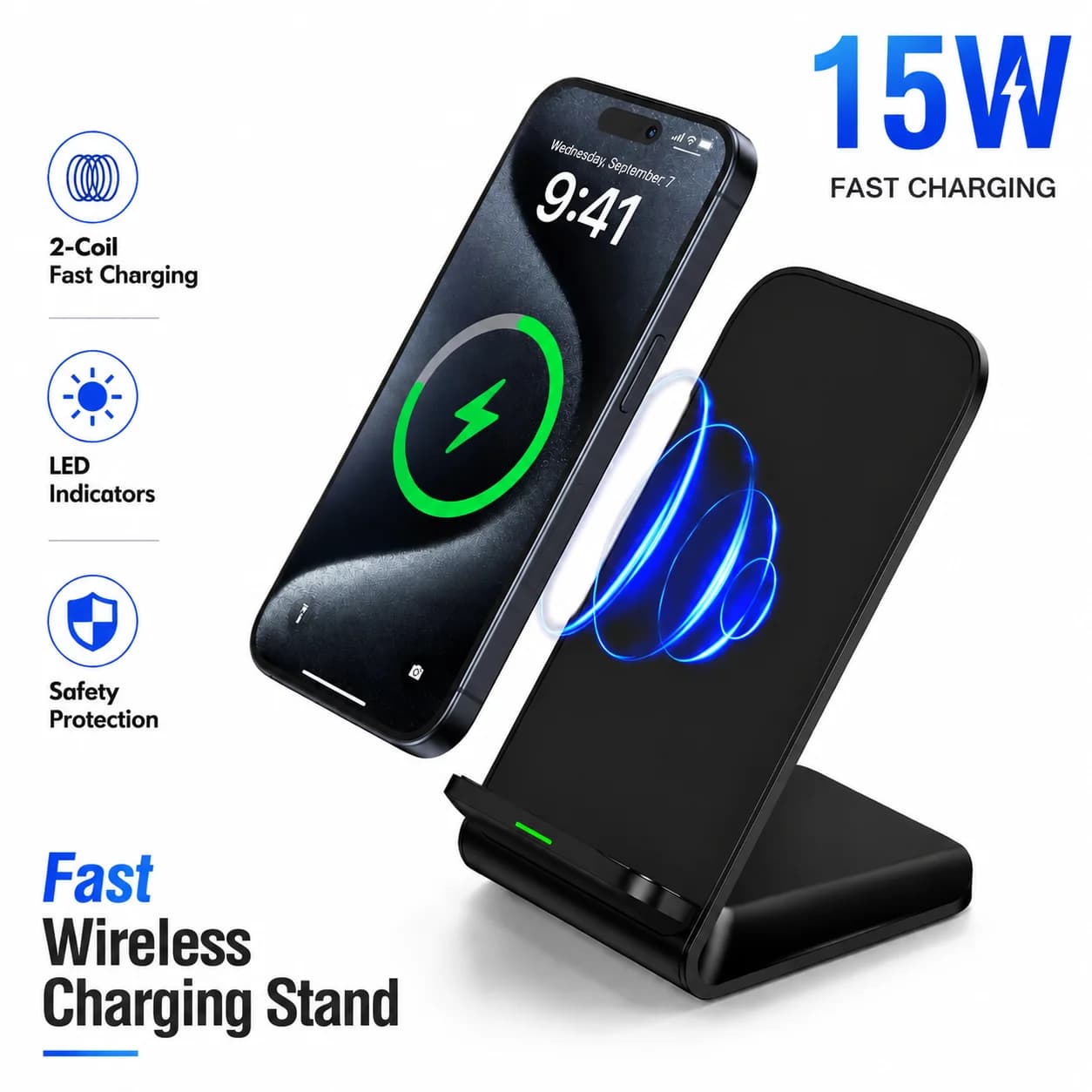 15W Wireless Charger Phone Holder Desk Fast Charging Charger Station for iPhone12-17,Samsung Galaxy S24-20 Xiaomi HUAWEI Android