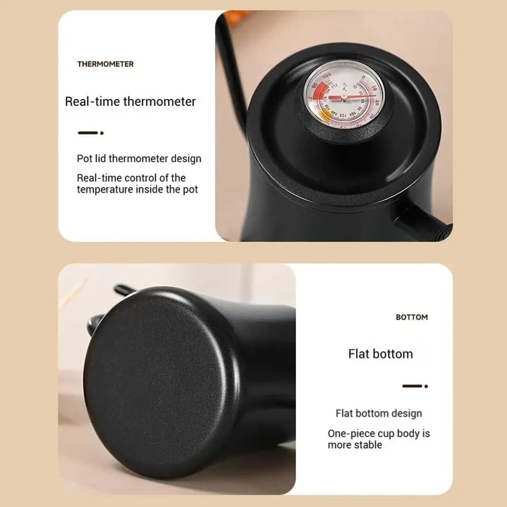 Stainless Steel Goose Neck Coffee Pot Drip Port Wooden Handle Long Narrow Drip Carafe Temperature Meter Anti-scald