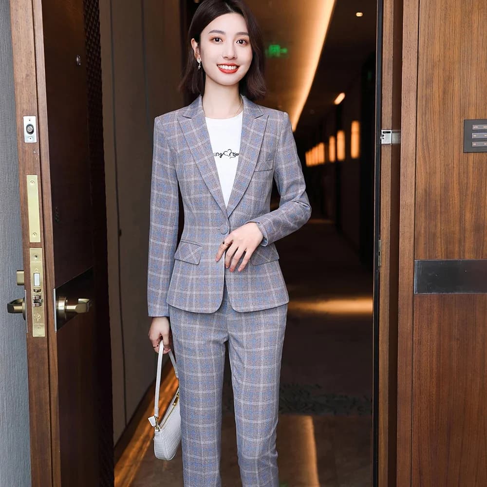 Women Blazer And Pant Suit Elegant Pink Gray Blue Apricot Plaid Trouser Ladies Female Formal Office Work Business 2 Piece Set