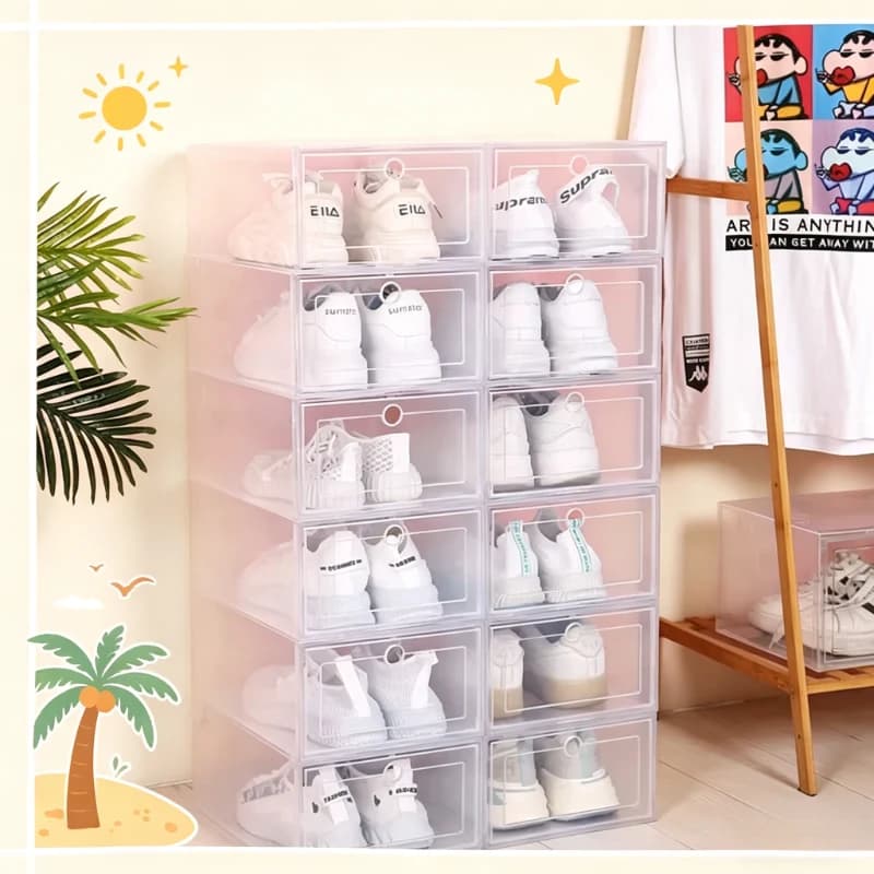 6 stackable transparent boxes for shoes, plastic dust cases for sneaker, multipurpose organizer for wardrobe