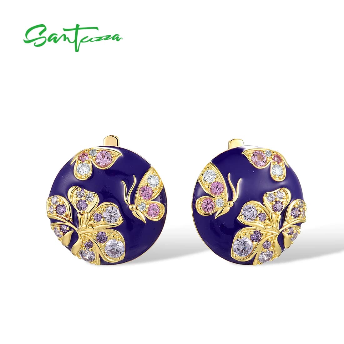 SANTUZZA Reale 925 Orecchini In Argento Sterling Per Le Donne Lucido Rosa Blu Pietra Farfalla Fiore Delicato Partito Gioielleria Raffinata Smalto