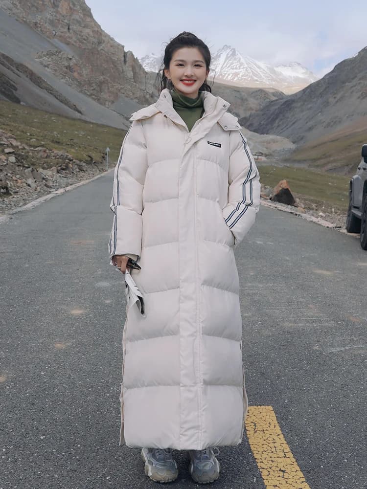 X-lungo alla caviglia da donna con cappuccio piumino invernale addensato giacca calda cappotto a righe moda abbigliamento da neve con cappuccio