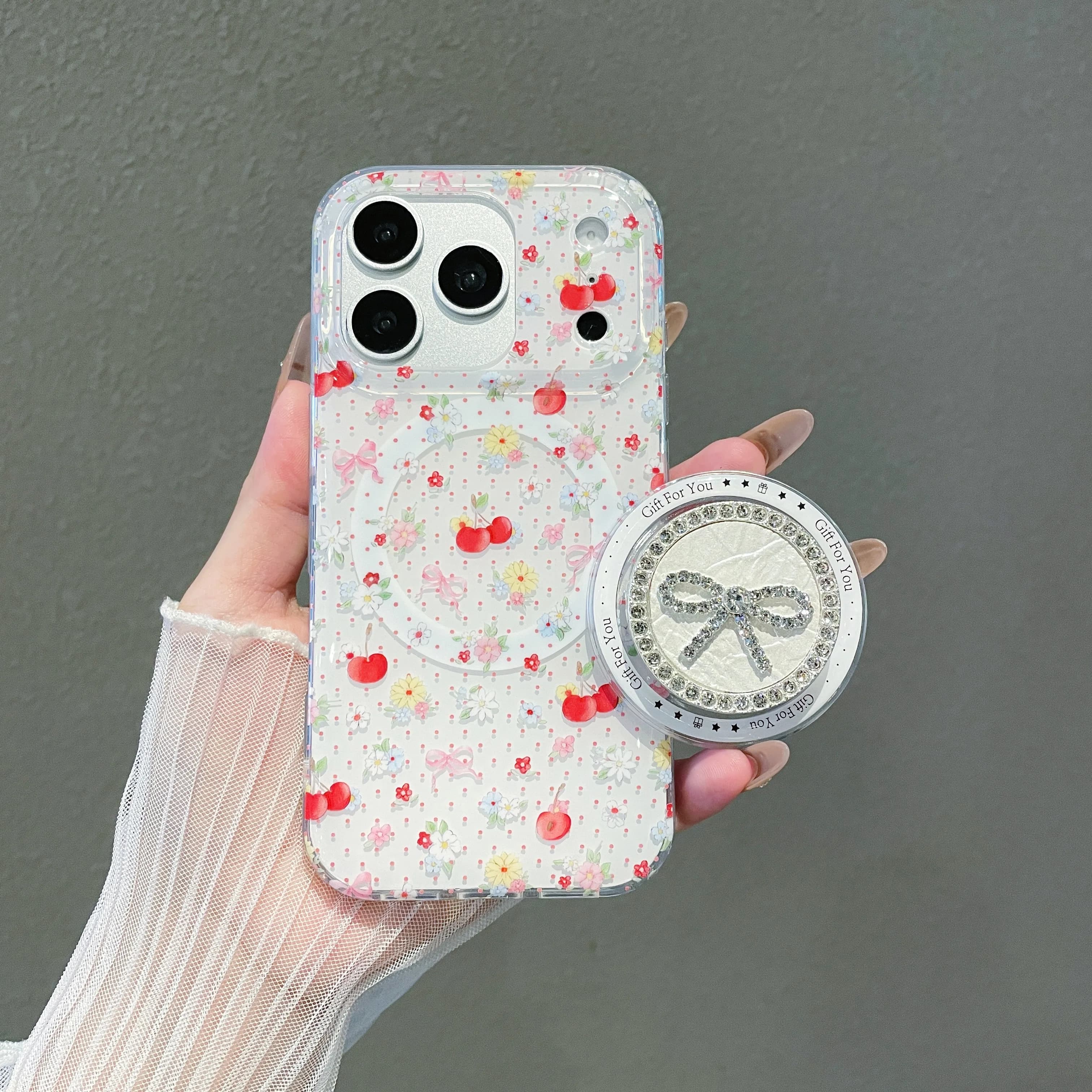Custodia Magnetica IMD Floreale Ciliegia per iPhone 17 Pro Max 16, Cover Protettiva Antiurto a Copertura Totale