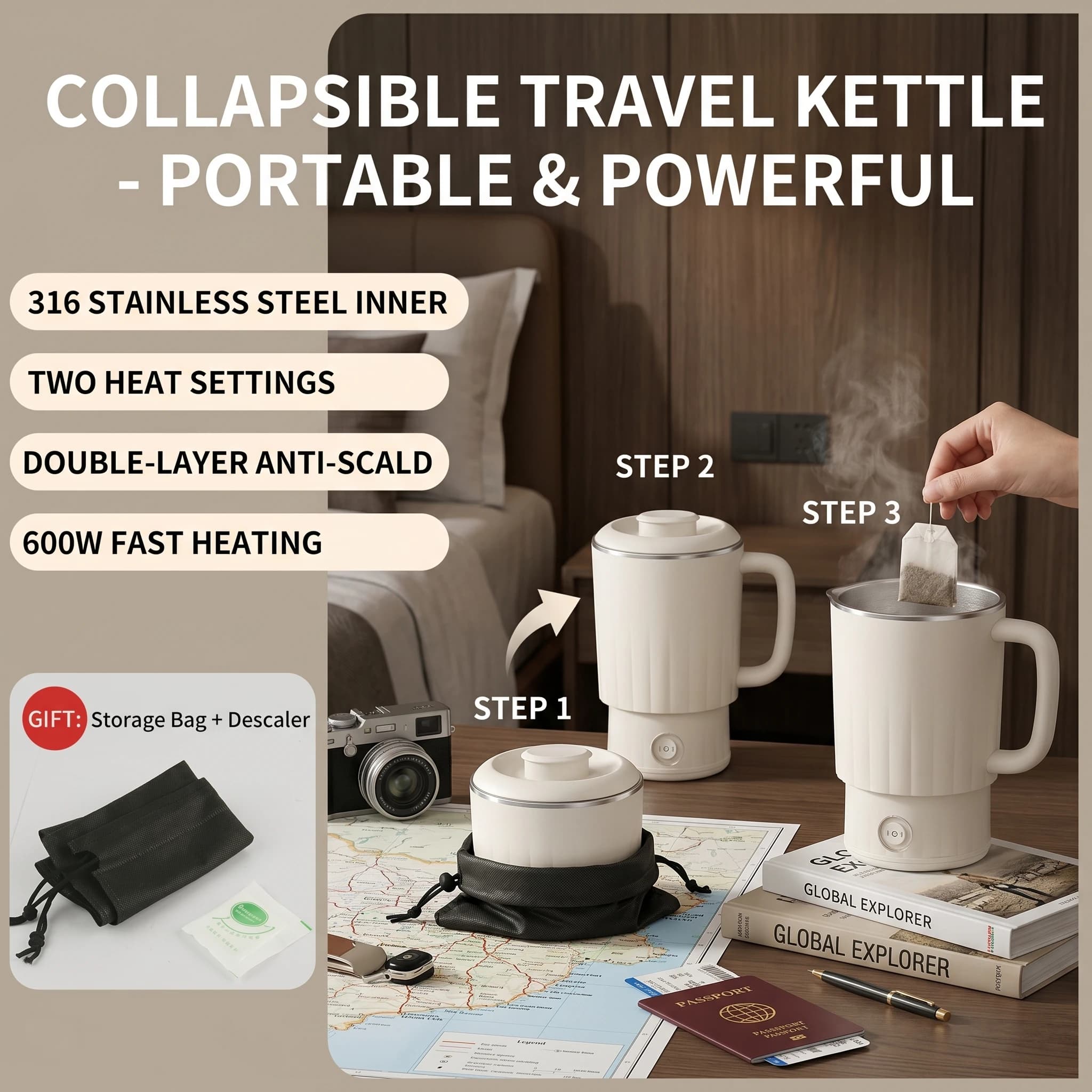 New Portable Foldable Stainless Steel 316 Outdoor Foldable Electric kettle for domestic use hot water cup for food small kettle