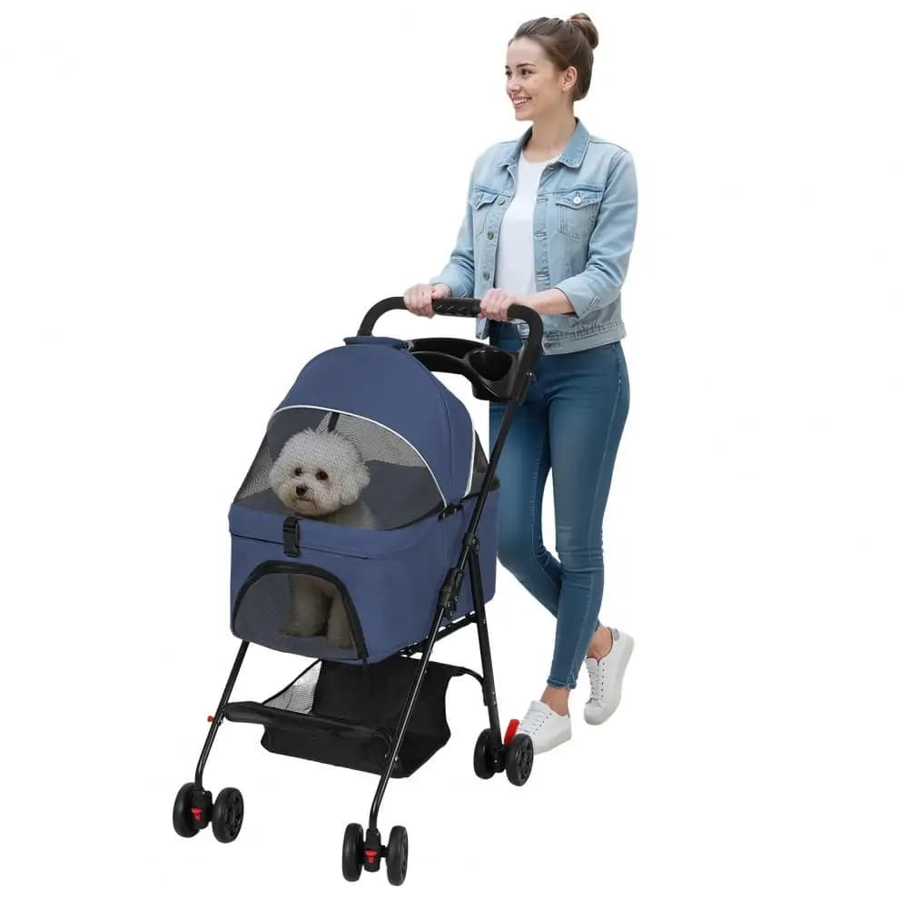 Foldable Pet Stroller for Dog Cat with Removable Carrier, Storage Basket and Cup Holder, Pet Carrying Cart Holds Up to 17.6lbs