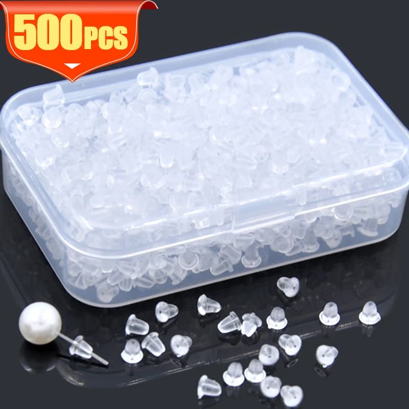 500 pezzi con scatola tappi per le orecchie in gomma morbida orecchino trasparente tappo posteriore borchie per orecchini fai da te tappo in silicone posteriore 2035