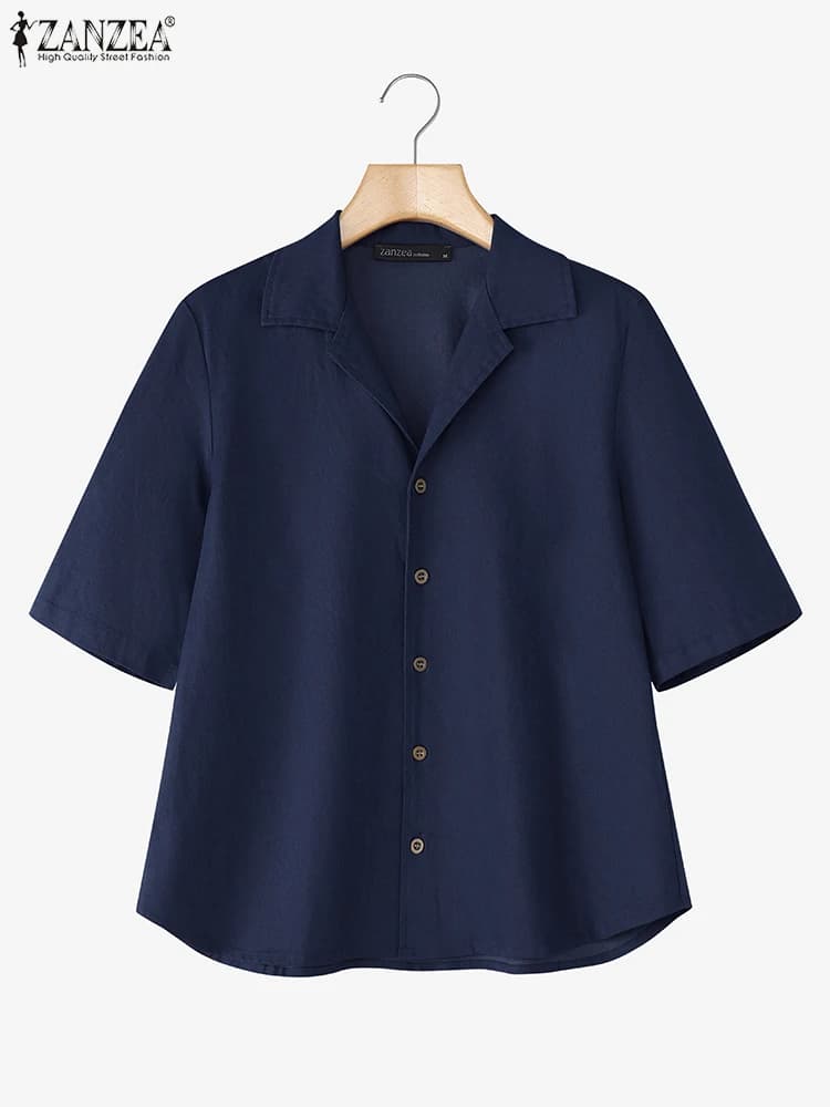 ZANZEA Camicie taglie forti Donna Moda Estate Mezza manica Solid Top Risvolto Bottoni larghi casual Elegante Office Lady OL Camicetta