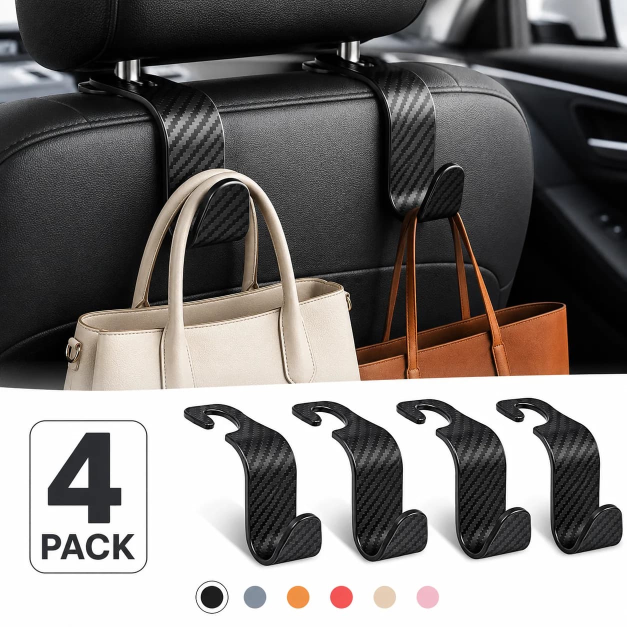 4Pcs Car Seat Headrest Hooks Auto Back Seat Organizer Hanger Storage Holder for Handbag Purse Bags Clothes Interior Accessories