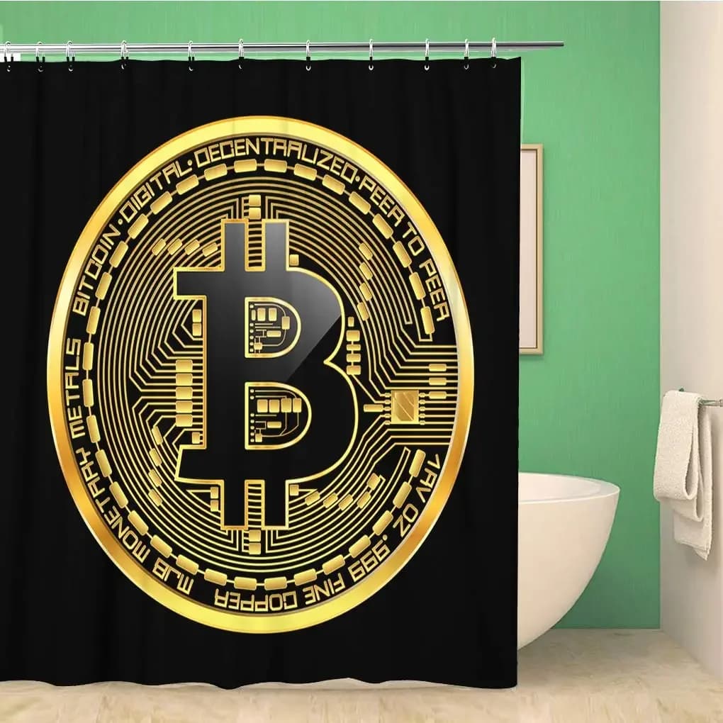 Tenda da doccia Bitcoin con simbolo Bitcoin in poliestere impermeabile, motivo moneta d'oro, laccata nera, per bagno