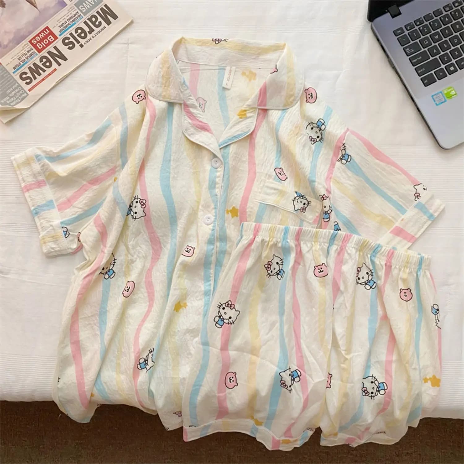 Sanrio Cute Pajamas 2 Pieces Hello Kitty Pijama Y2K Shorts Short Sleeve Sleepwear Summer Nightgown Cartoon Pyjamas Home Suit New