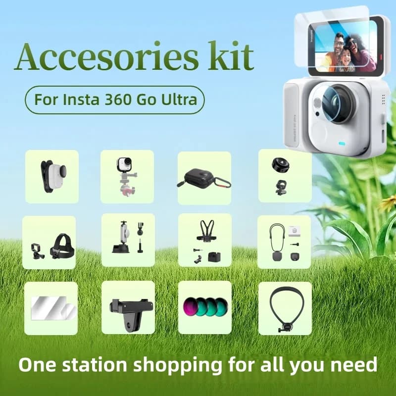 Kit di accessori per Insta360 GO Ultra: cinturino da petto, clip per zaino, selfie stick, cinturino da polso, supporto per moto, vetro temperato