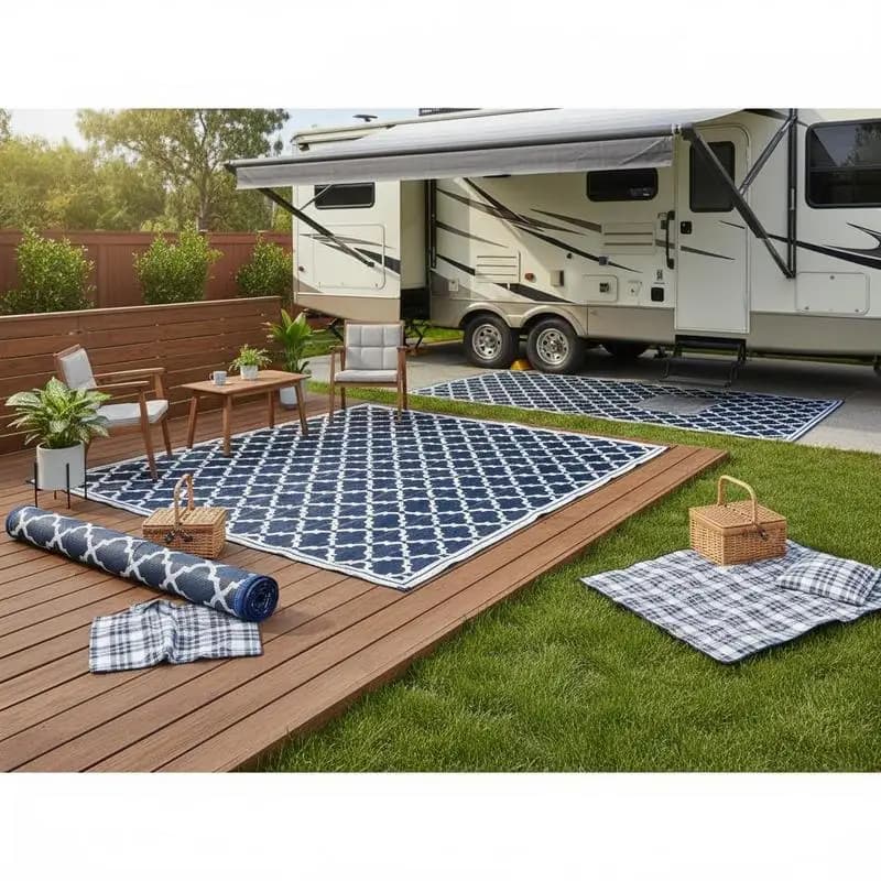 Tappeto reversibile per esterni, 9' x 18', tappetino impermeabile in plastica effetto paglia, tappeto portatile per camper e campeggio, grande tappetino per giardino, terrazza, picnic, spiaggia, blu e bianco
