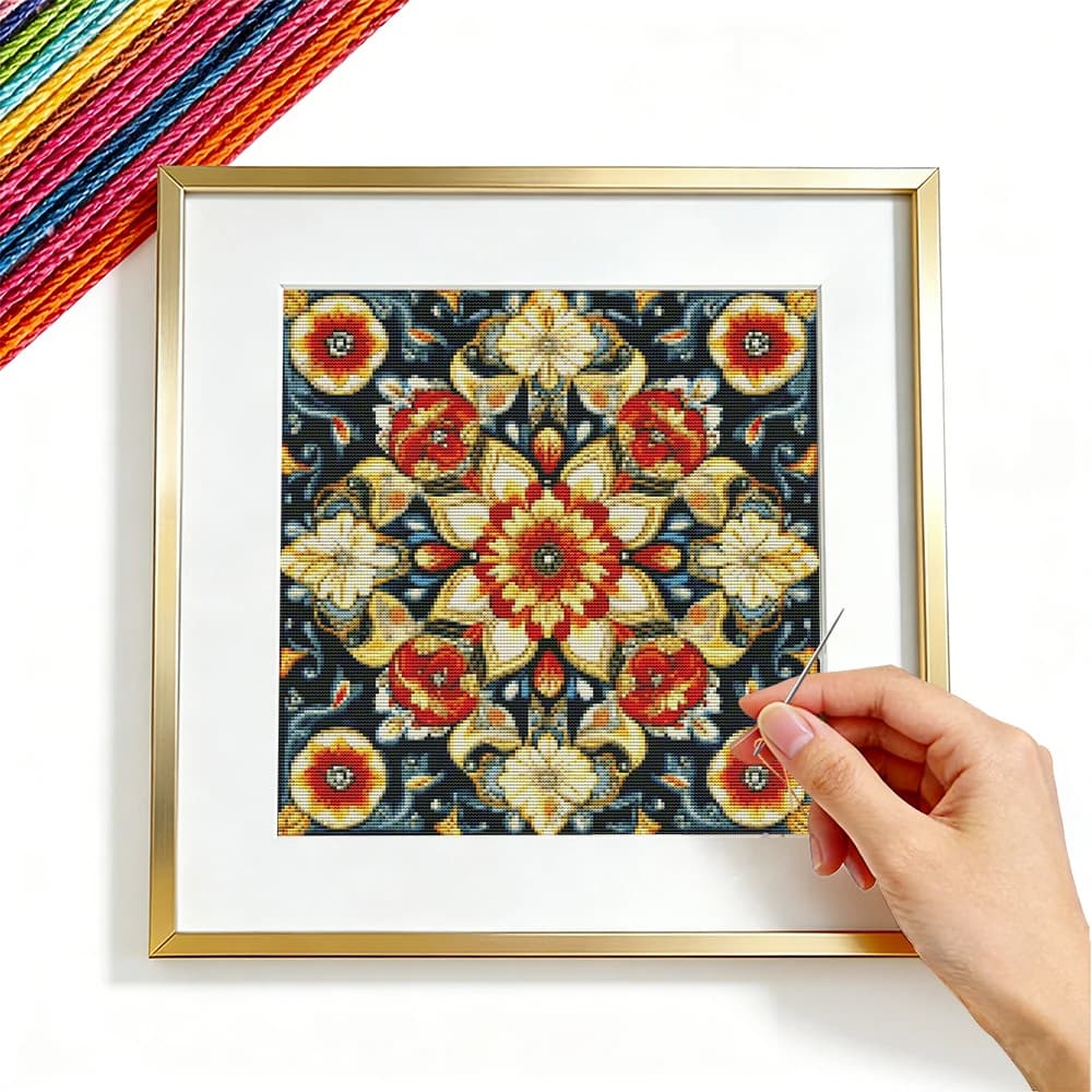 Set per Ricamo a Punto Croce Mandala Floreale 11CT, Hobby Decorativi, Pittura con Fili DMC, Lavoro a Maglia Floreale Astratto