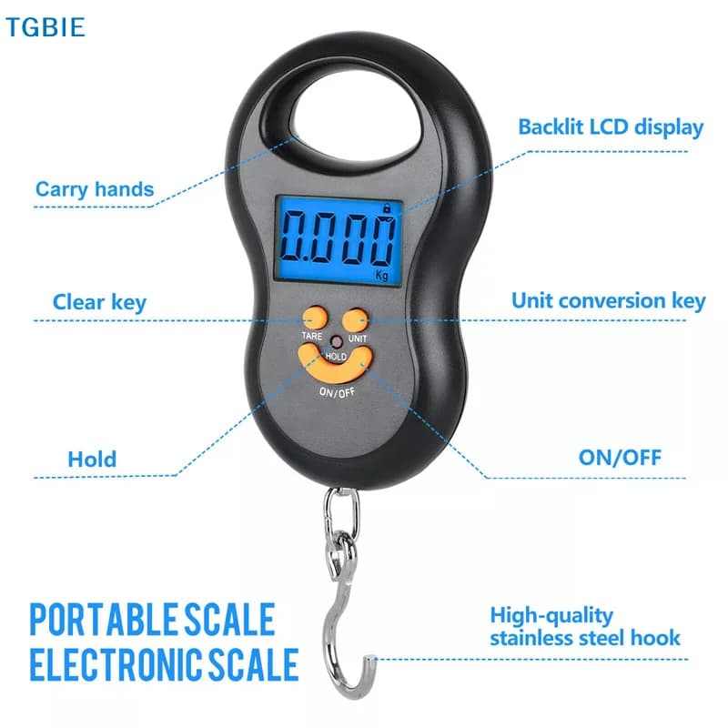Bilancia Elettronica Digitale da Cucina 50Kg/10g con LCD e Retroilluminazione, Bilancia Portatile per Pesca, Pesa Bagagli da Viaggio