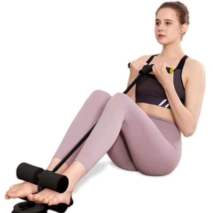 Portable sit-up legs support with 3-level adjustable design, durable suction cups and elastic rope for abdominal and fitness training.