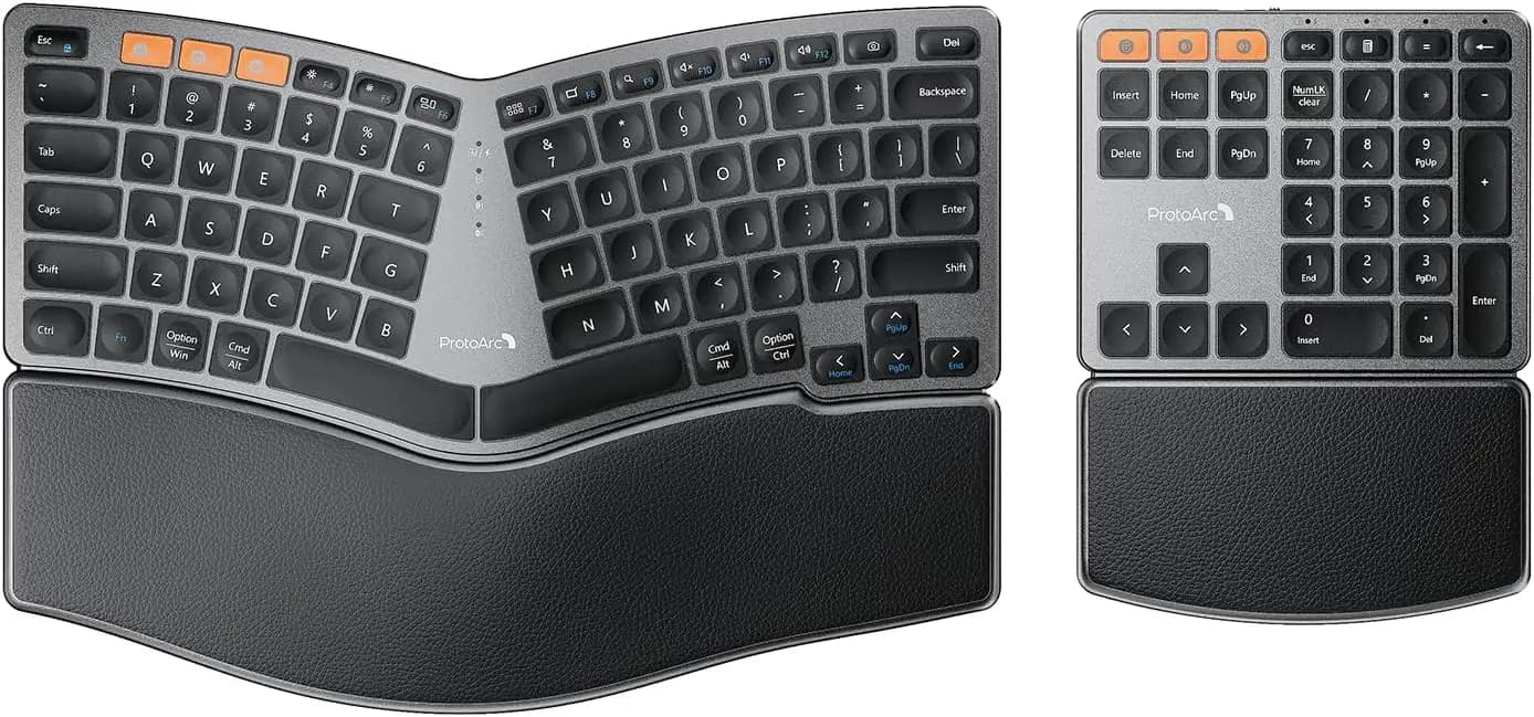 Tastiera Ergonomica Wireless con Tastierino Numerico Separato, Doppio Bluetooth e USB, Design Diviso per Windows/Mac/Android