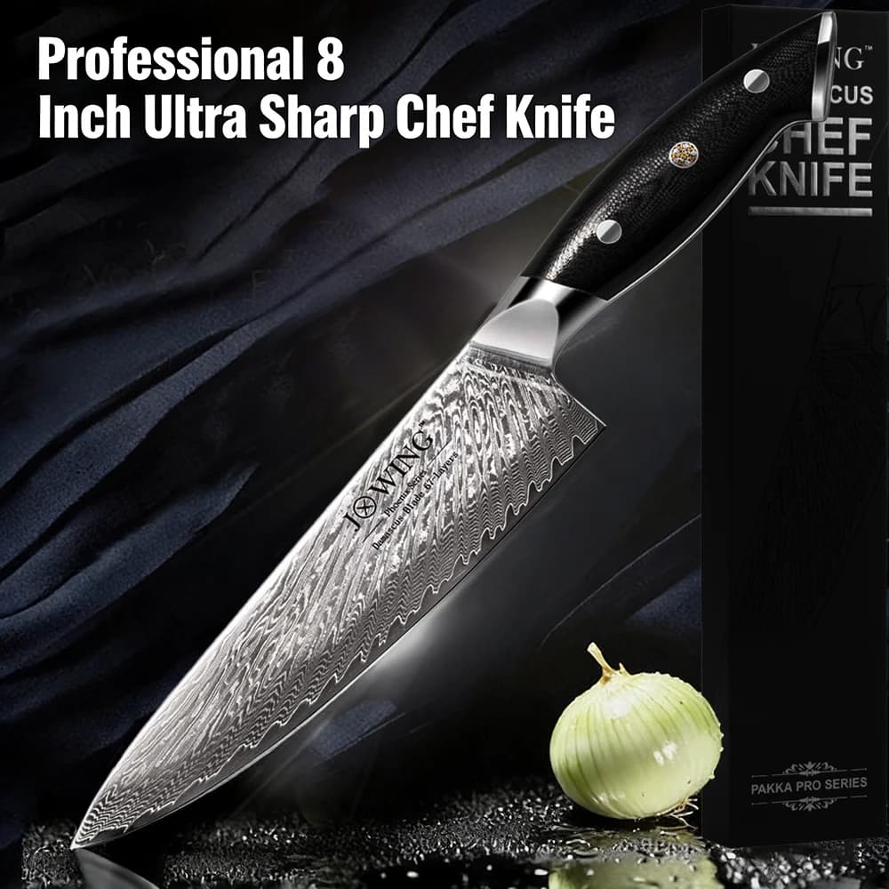 Coltello da cucina in acciaio damasco, strumento da taglio affilato, adatto per affettare frutta e carne. Il coltello viene fornito con una confezione regalo.