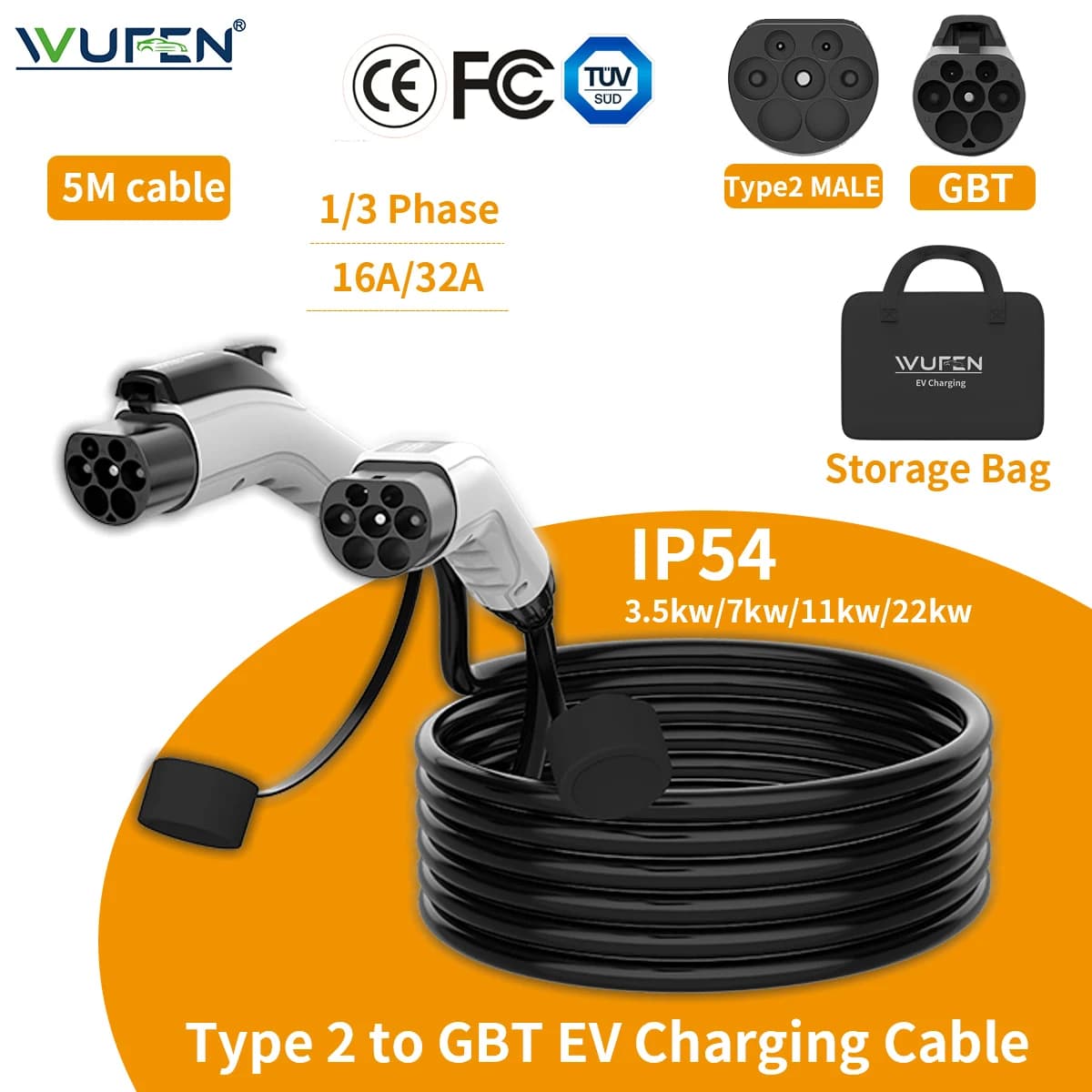 WUFEN 16A/32A 3.5/7/11/22kW Type 2 a GBT Protective charging cable IEC 62196-2 Electric vehicle charger Public car station