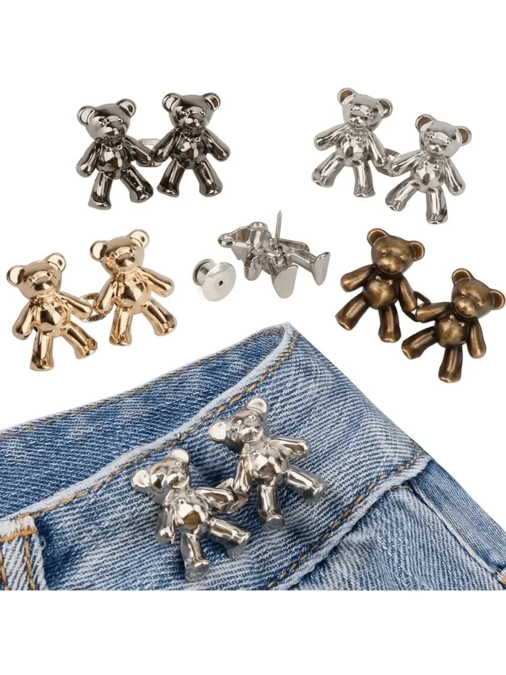 4 Sets Cute Bear Button Pins For Jeans, No Sew And No Tools Instant Pants Waist Tightener, Adjustable Jean Buttons Pins For