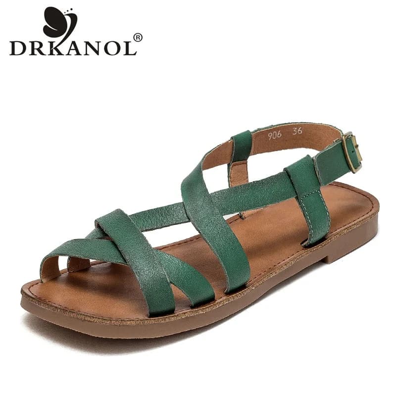DRKANOL Sandali da donna stile letterario 2026 Sandali piatti estivi con punta aperta in vera pelle incrociata da donna Scarpe casual con fibbia in metallo