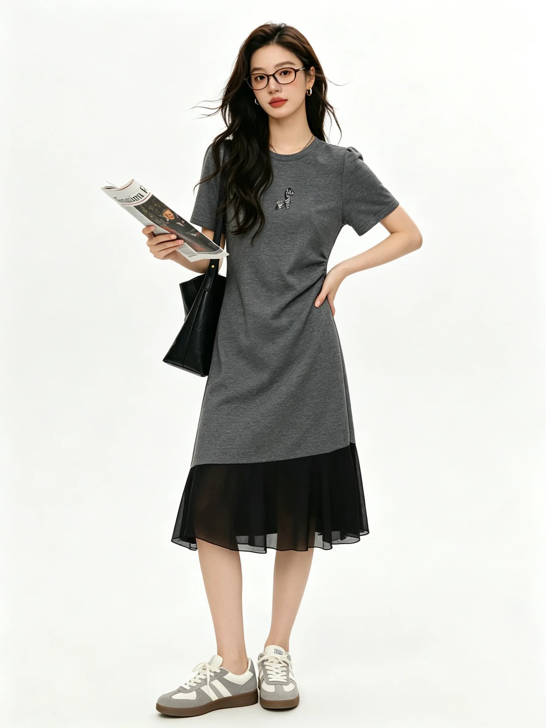 Korean Style A-Line Dress Women's Summer Short Sleeve Waist-Cinched Patchwork Lace Trim Elegant Dress False Two-Piece