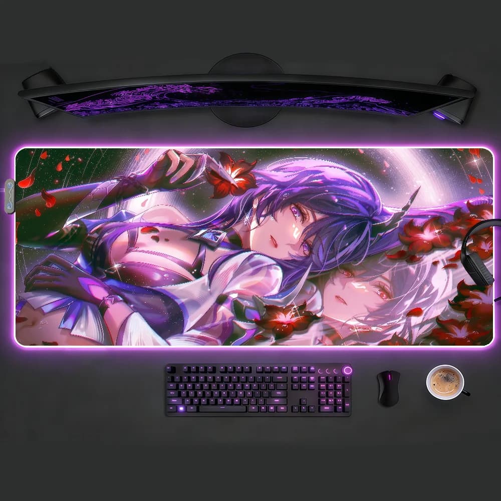 Tappetino per mouse da gaming, tappetino da scrivania RGB LED, grande con bordi cuciti antiscivolo, tappetino con ragazza anime dai capelli viola per giocatori PC