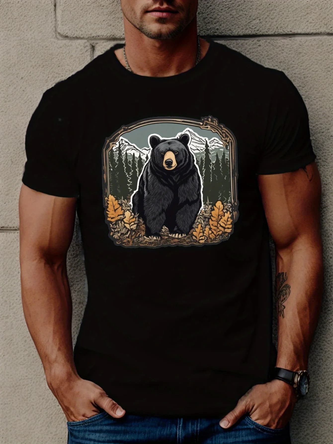 T-shirt con stampa orso nero, T-shirt da uomo, T-shirt estiva casual a maniche corte, T-shirt da uomo 2D con animali, T-shirt da uomo con motivo animale