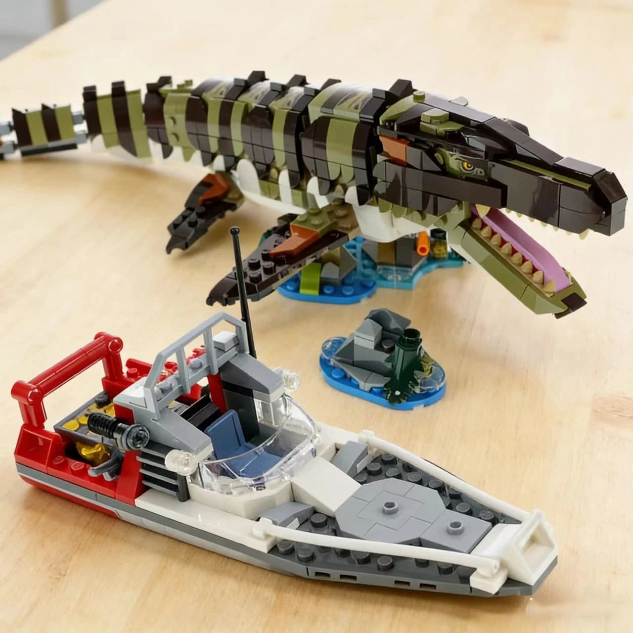 Dinosaur World Park Series Mosasaurus Barca Missione Building Blocks Modello di nave Giocattoli di assemblaggio Regali di Natale 76974